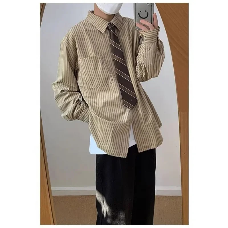 Loose Long Sleeve Striped Shirt Men Women Spring Autumn Casual Style Vintage Japanese Theme College Hong Kong Style Outerwear 250527