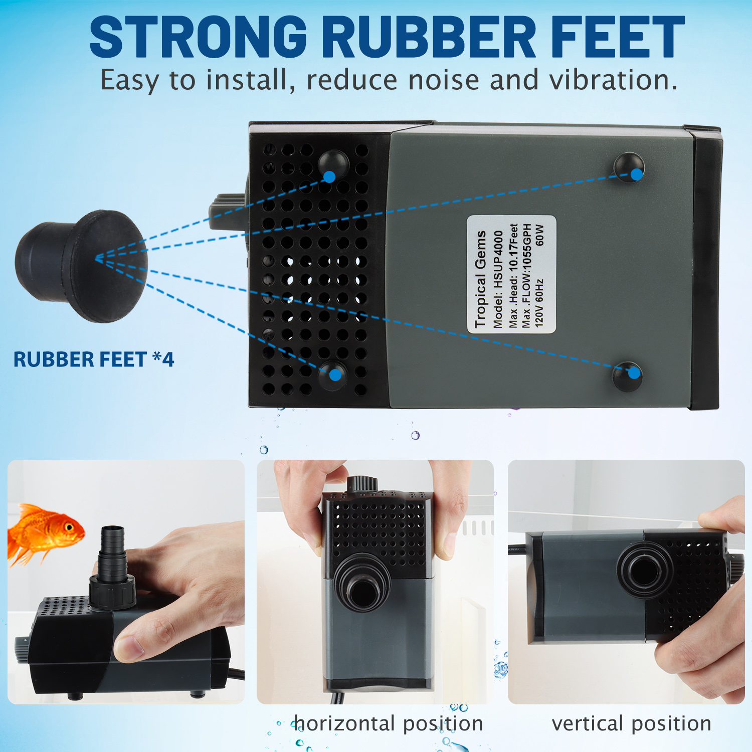 (HSUP4000F) Submersible Water Pump With Fountain Jets - Pond Pump - Submersible Pump - Water Fountain Pump - Aquarium Pump