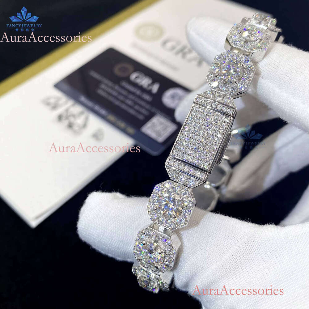 Fine Jewelry Men's 11mm Sterling Sier VVS Moissanite Dia Cluster Iced Tennis Chain Bracelet Parties Gifts Rhodium