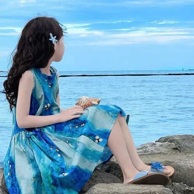Girls Casual Dresses Blue Tie Dye Print Sleeveless Dress Party Dress for Kids Girl Princess Dress Girls Clothes X250528