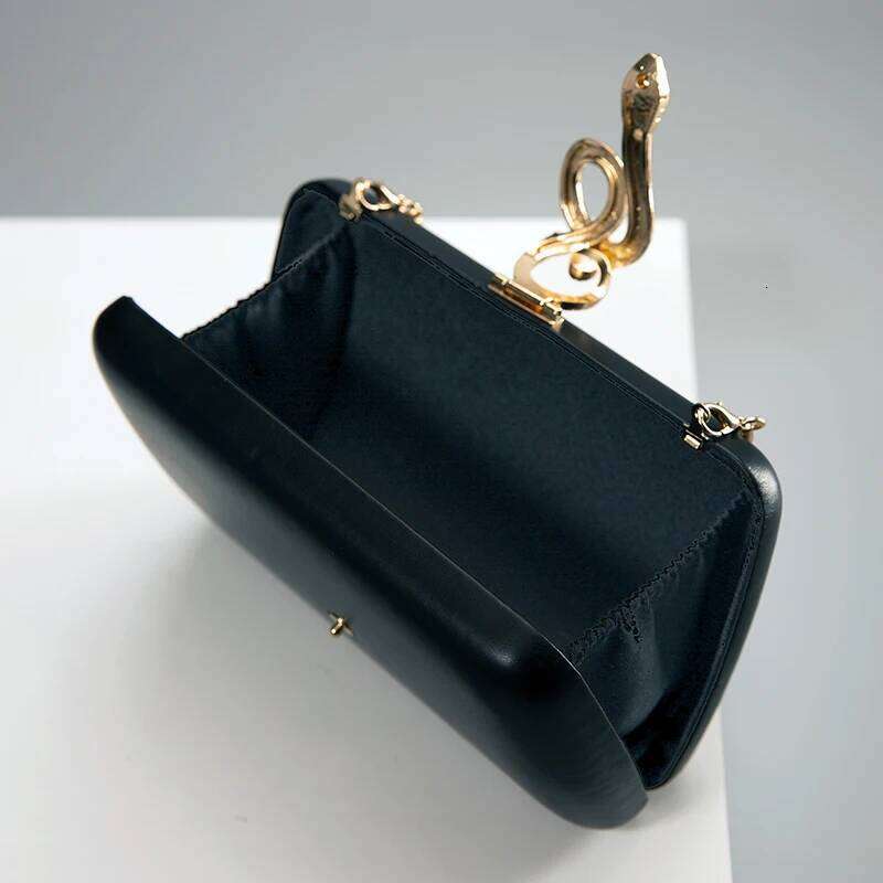 Classic Black Imitation Sheepskin PU Square Metal Snake Head Clutch Bag Can Be Worn Cross-Body, Suitable For Parties, Banquets,
