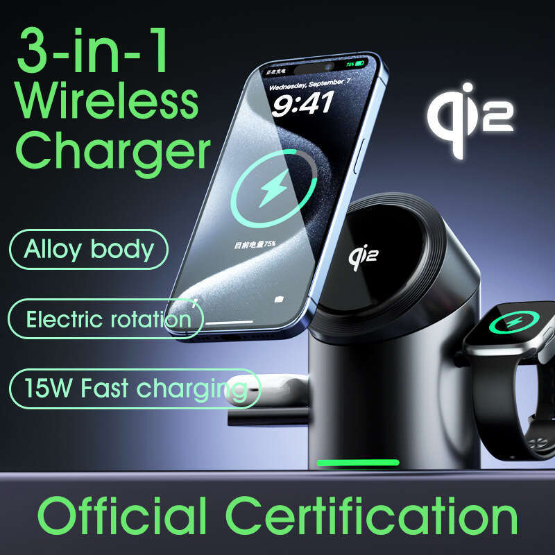 Qi2 Certified Touch Rotating Magsafe Magnetic Phone Watch Earphone 3 in 1 Wireless Charger