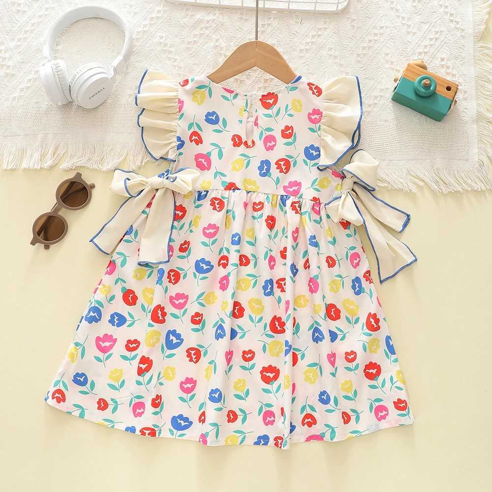 Humor Bear Summer Girls Dress Kids Clothing Little Fresh Retro Print Flying Sleeve Bow Tie Design Princess Dress For 2-6Y X2505281