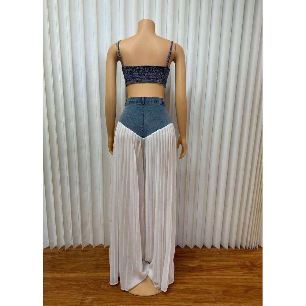 Fashion Denim Chiffon Women's Strapless Crop Top And Jeans Pants Suits 2025 Sexy Party Club Two 2 Piece Set Outfits