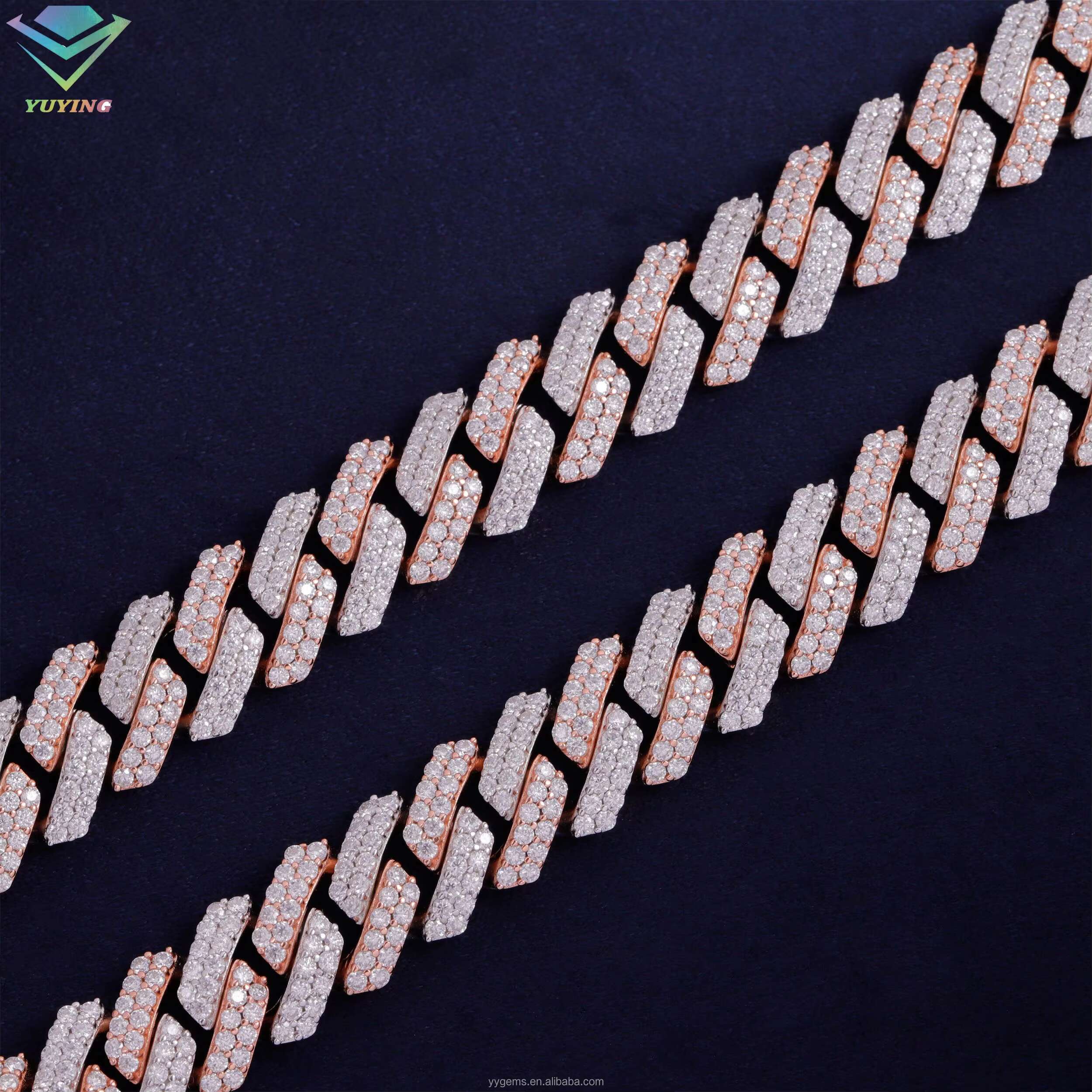 Factory Price 2 Tones White and Rose Gold 12mm 2rows Moissanite Diamond Chain High Quality S925 Silver Cuban Link Chain for Men
