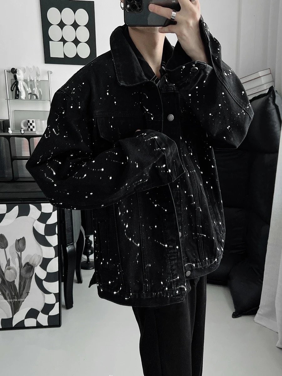 Mens 2024 Spring Autumn Loose Trendy Male Handsome Long Sleeve Tooling Denim Coats Casual Jacket Splash Ink Point Jackets 250516