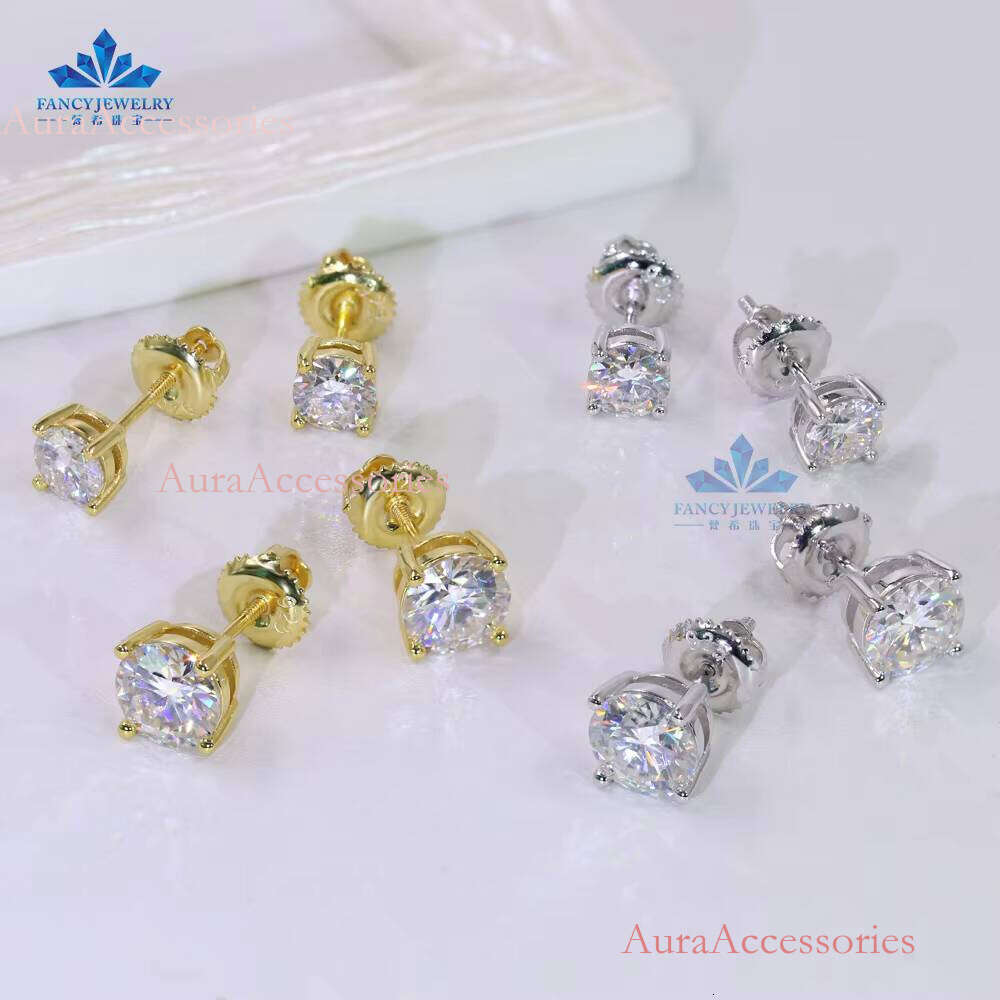 Mossanite Jewelry Classic 4 Claws Sterling Sier Screw Back Stud Moissanite Earrings 1ct 2ct for Men Women