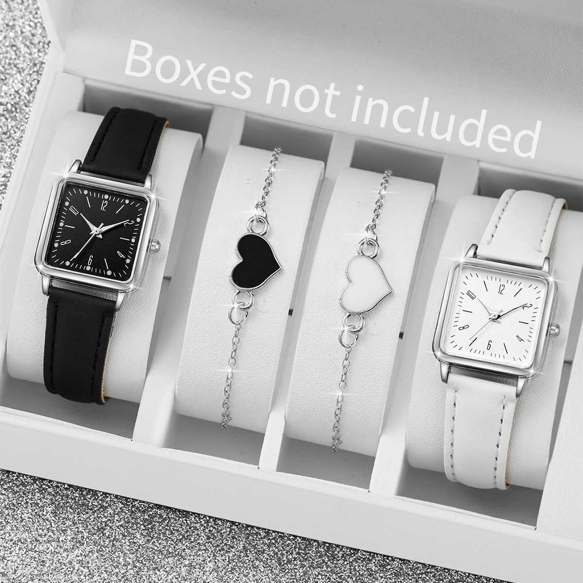 2/4PCS Fashion Square Womens Watch Leather Band Quartz Watches Heart Bracelet SetWithout Box XJ250527