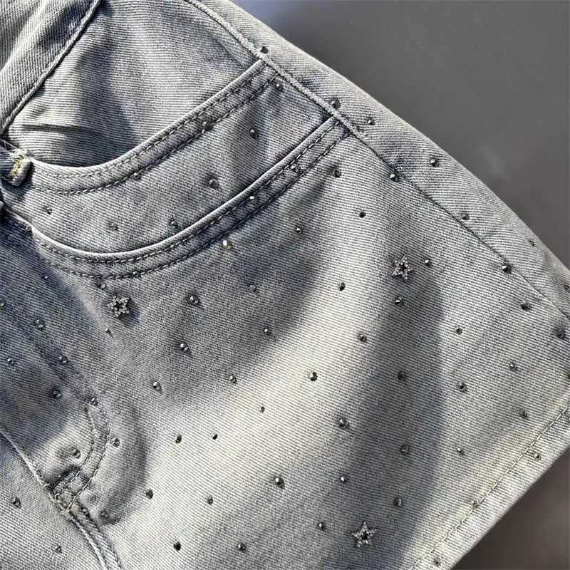 Summer Rhinestone A-line Denim Skirt for Women Star Pattern Zipper Pocket Short Skirts Fashion High-quality Slim Fit Jeans skirtT250528