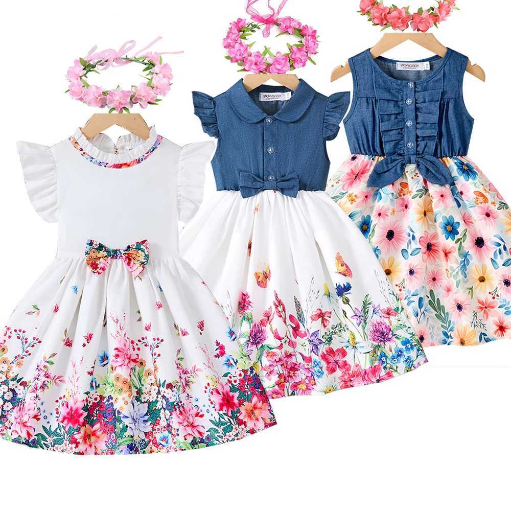 New Kids Girl Dress Summer Floral with Bow Fashion White Dresses Short Sleeve Children Clothing Outfits Casual Printed Dresses X250528