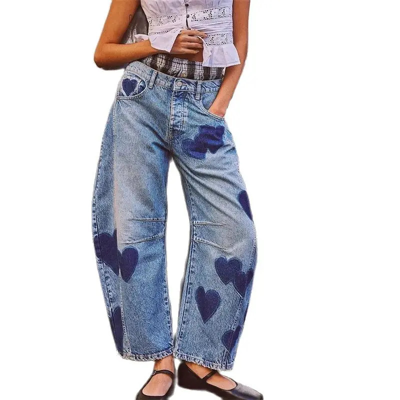 2024 Fashion Love Print Decoration Denim Pant Loose Straight Jeans Female Casual Midi Waist Trousers Trend Streetwear 250516Z