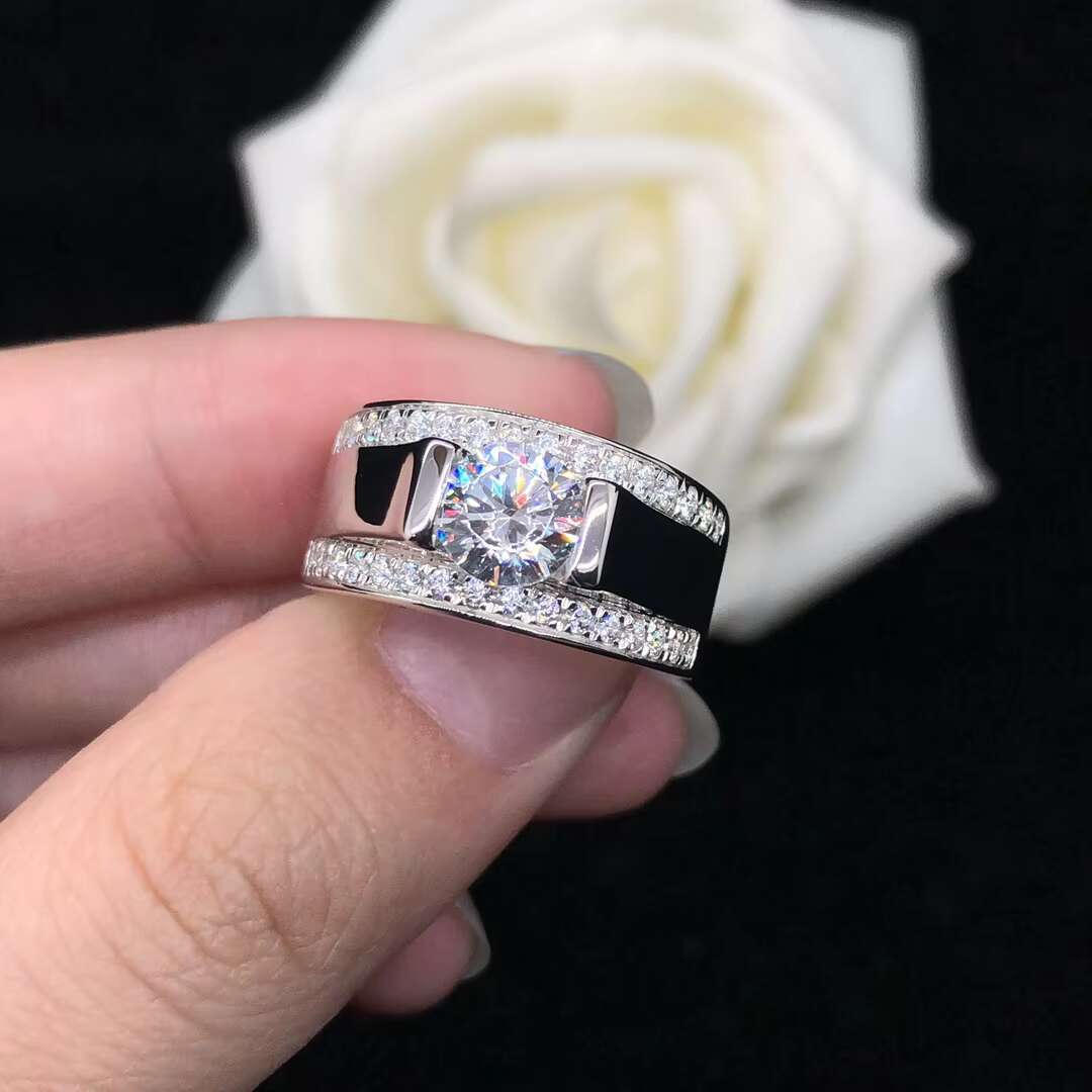 Ready to Ship 925 Sterling Silver Rhodium Plated 1ct 2ct Brilliant D VVS Moissanite Diamond Men Ring