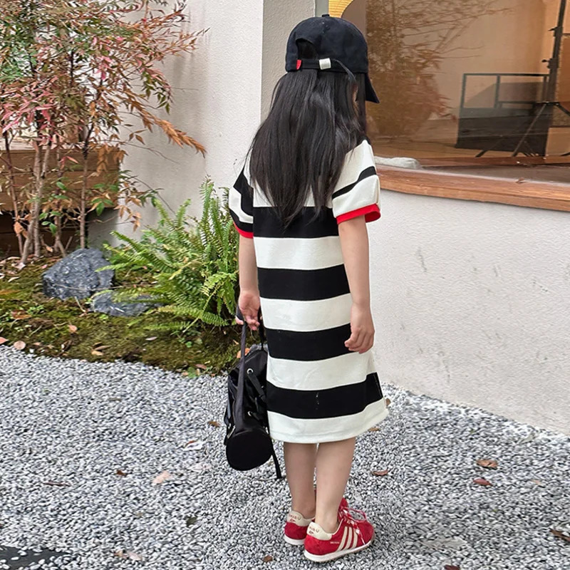 Mother-daughter Dress Parent-child Summer T-shirt Gown Childrens Striped Clothing Kids Girls Polo Shirt Loose Dresses 250528