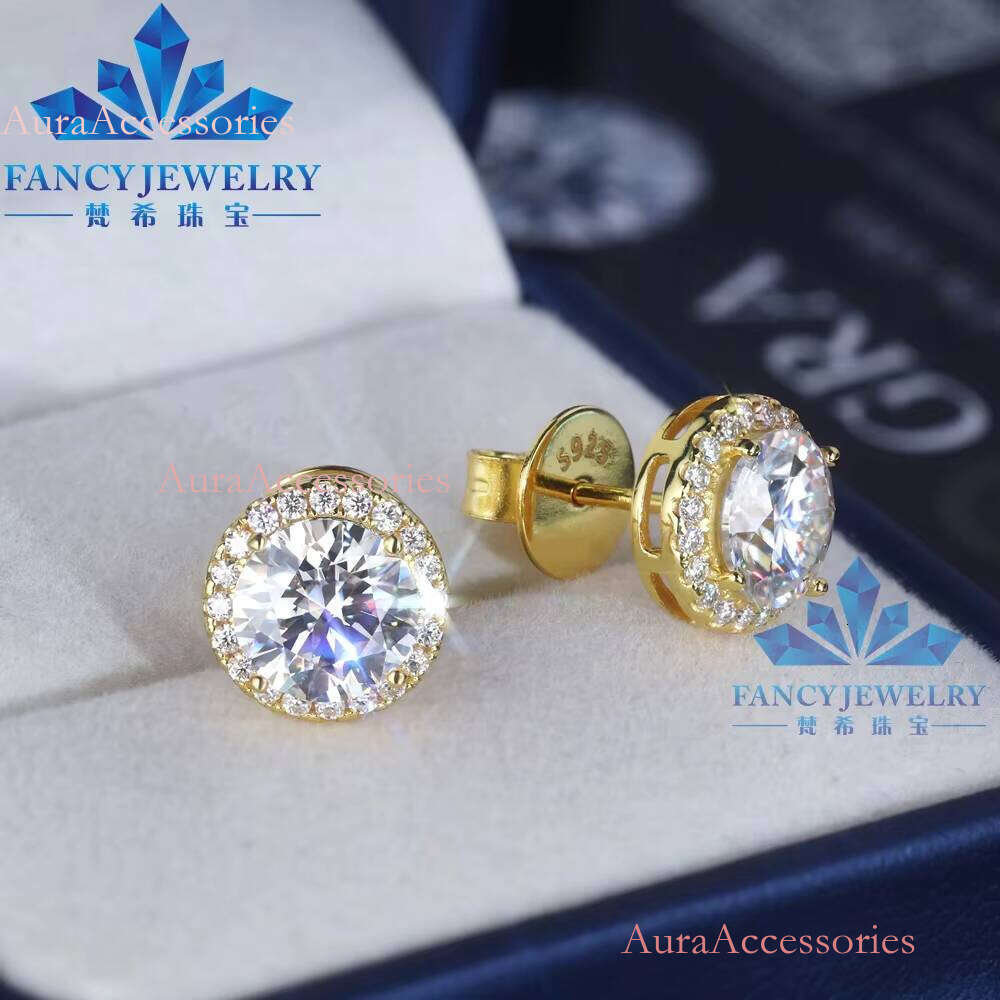 Classic Design 5mm 6.5mm 8mm Dia Def Vvs Round Moissanite Push Back Halo Stud Earrings for Women
