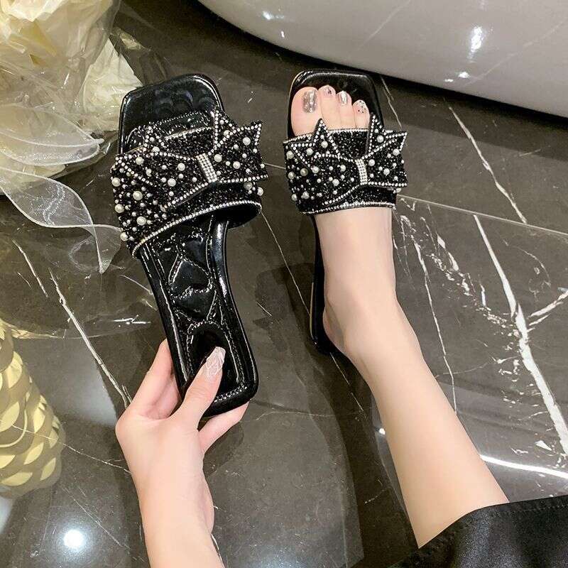 Exquisite Bow Tie Rhinestone Slippers For Women's Summer New Designer Sandals Comfortable Flat And Fashionable Sandals Luxurious Shoes