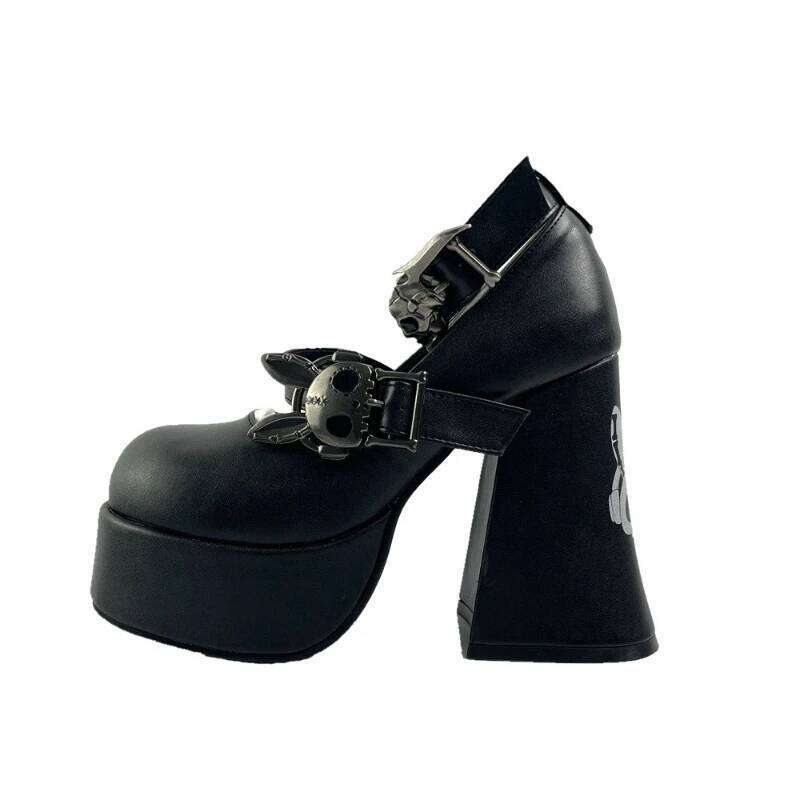 Mary Janes Lolita Metal Decoration Round Toe Thick Sole Platform Chunky Heels Women Pumps Buckle Strap Fashion Punk Sexy Shoes
