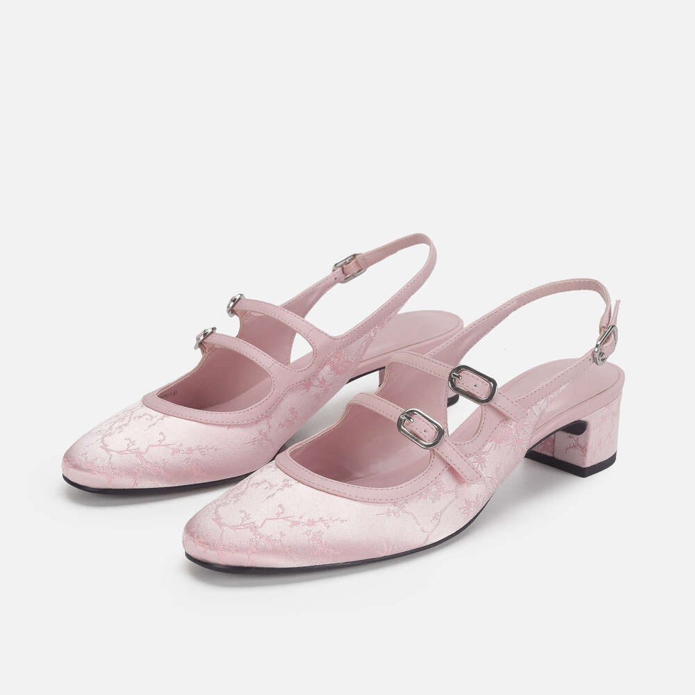 French Style Niche Chunky Sandals for Women 2024 Spring New Mid Heel Open Back Embroidered Double Strap Mary Jane Shoes