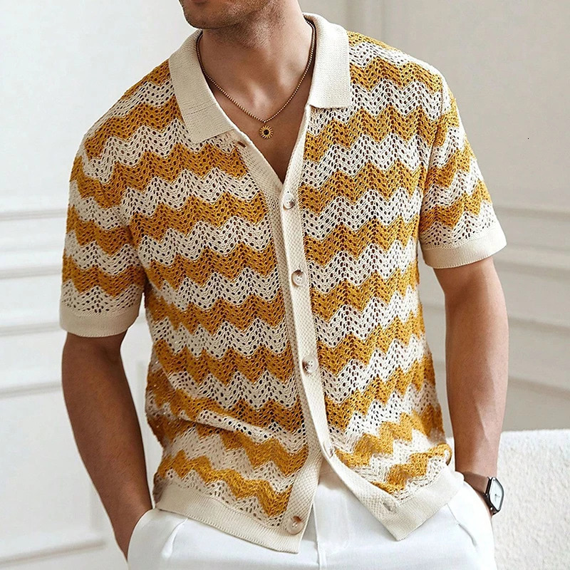 Casual Hollow Out Knitted Shirts Mens Beach Vintage Striped Crochet Knit Cardigans Men Summer Trendy Lapel Button-up Shirt 250526
