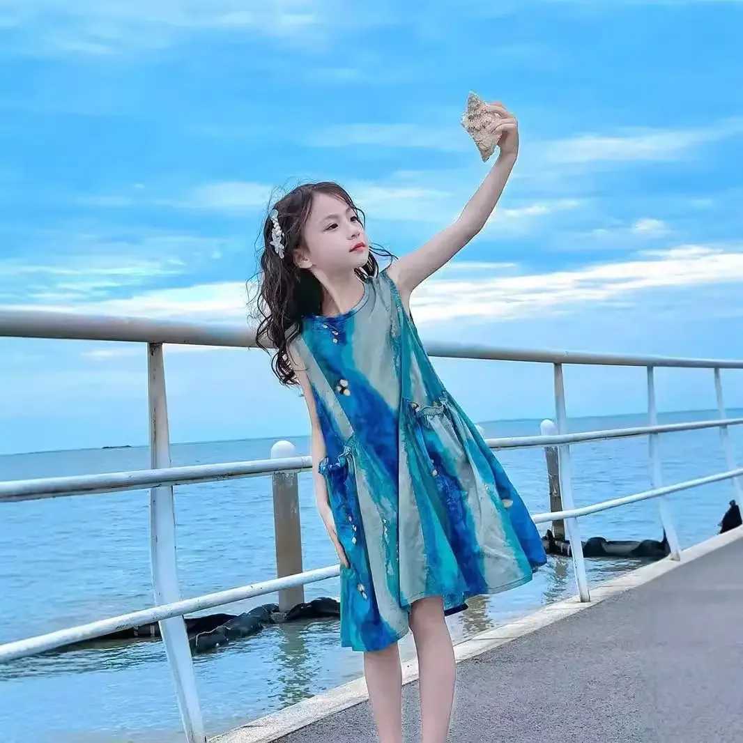 Girls Casual Dresses Blue Tie Dye Print Sleeveless Dress Party Dress for Kids Girl Princess Dress Girls Clothes X250528
