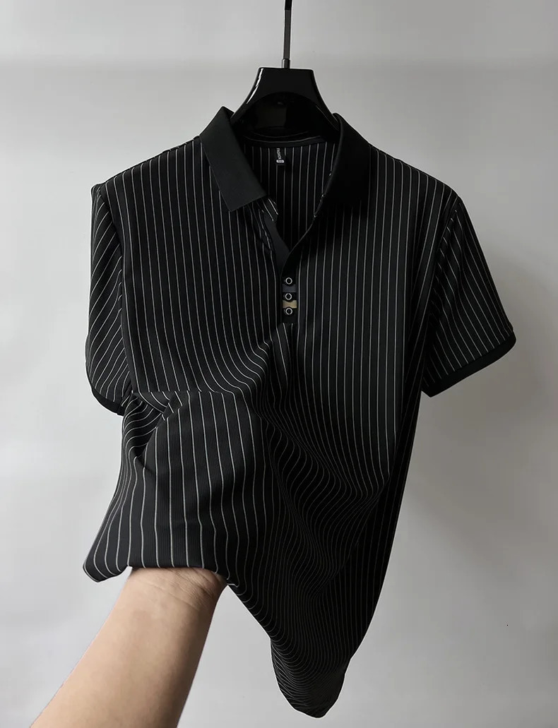 High end ice silk vertical stripe short sleeve POLO shirt men summer fashion business leisure T-shirt comfortable cool top 250526