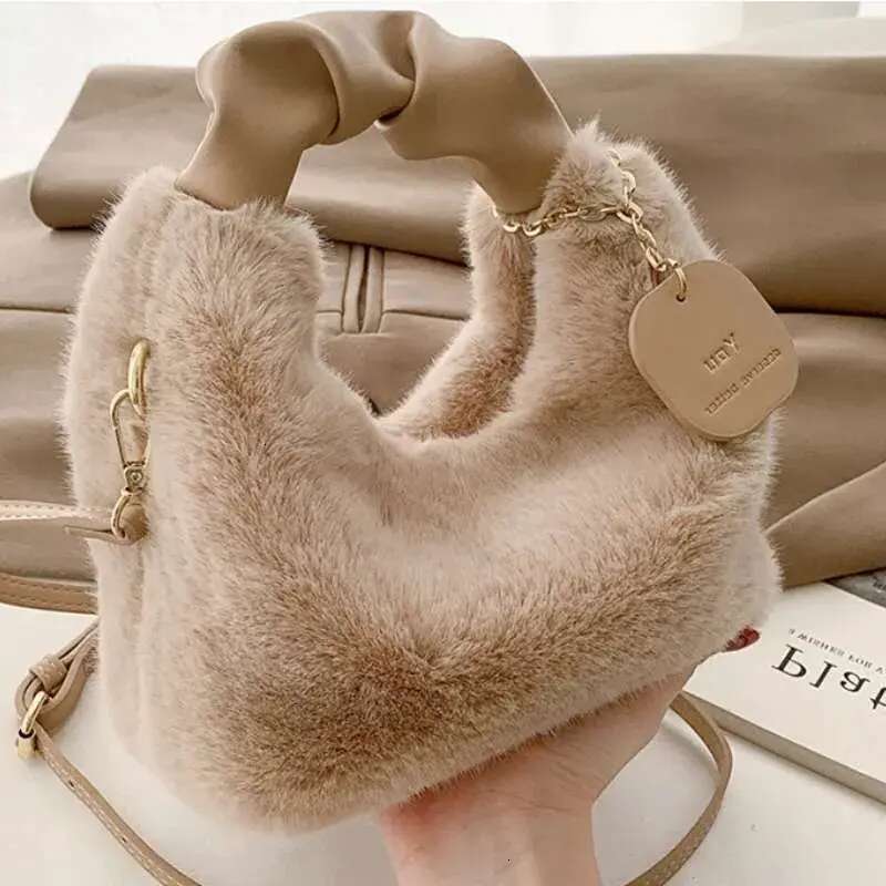 Faux Fur Plush Handbags Ruched Handle Small Lady Shoulder Crossbody Bag Casual Tote Half-Moon Hobos Winter Bags for Women