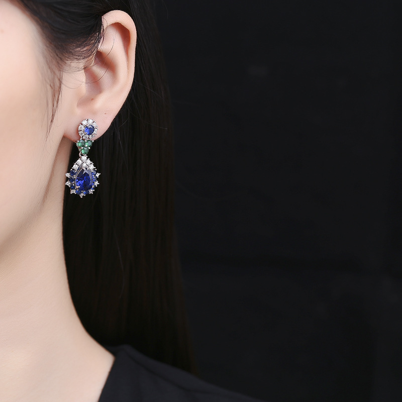 S925 Sterling Silver Pigeon Blood Red and Blue High-End Waterdrop Pear-Shaped Earrings, Luxury Handmade Earrings for Parties
