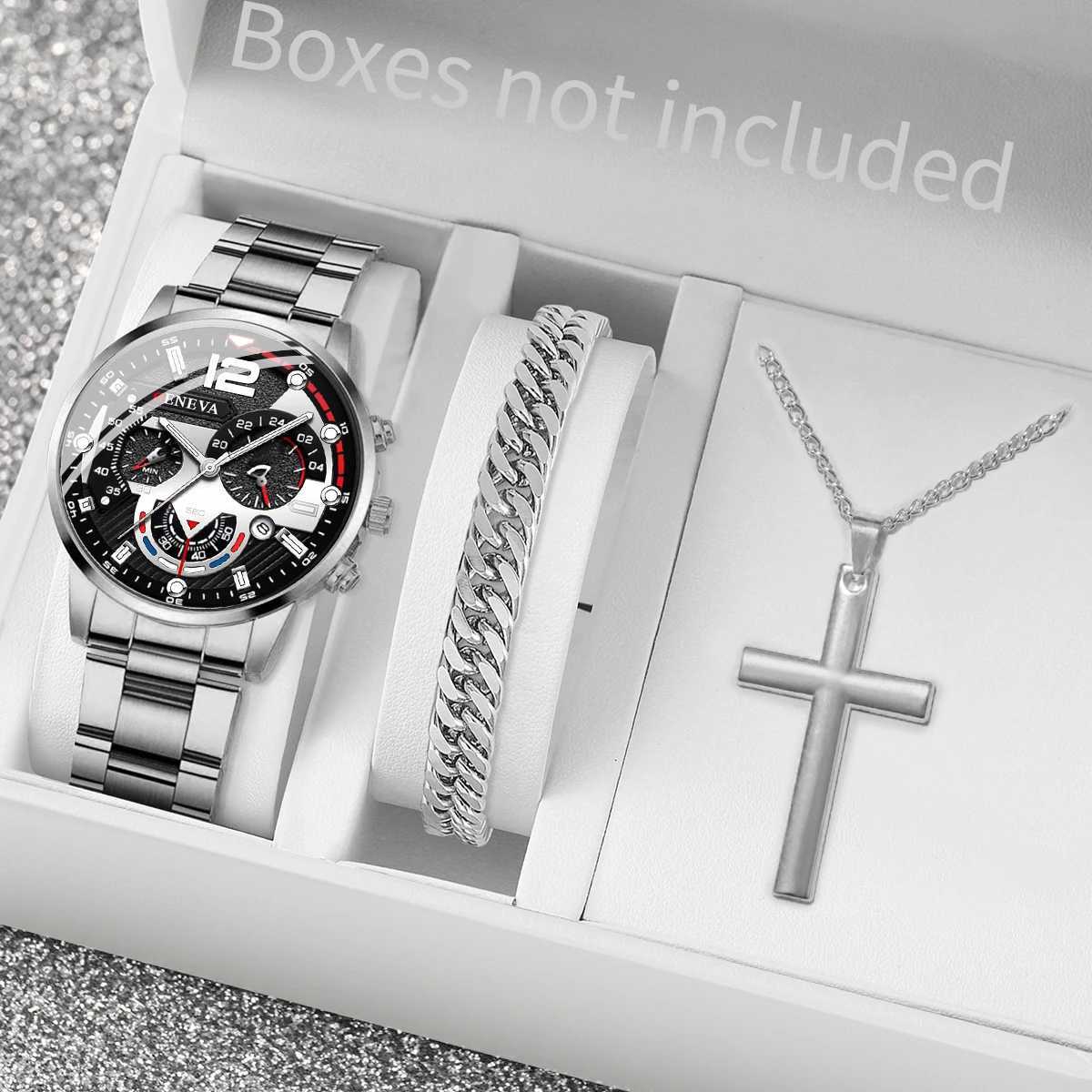 3PCS/Set Fashion Mens Watches Stainless Steel Band Analog Quartz Watch Calendar Watches Jewelry SetWithout Box XJ250527