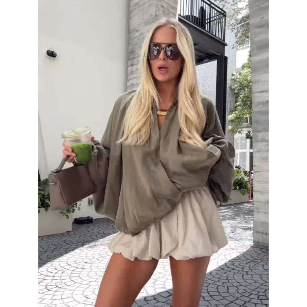 Elegant Green Suede Jacket Women Long Puff Sleeve Lapel Zipper Loose Jackets 2025 Spring Autumn Street Pleated Short Outwear