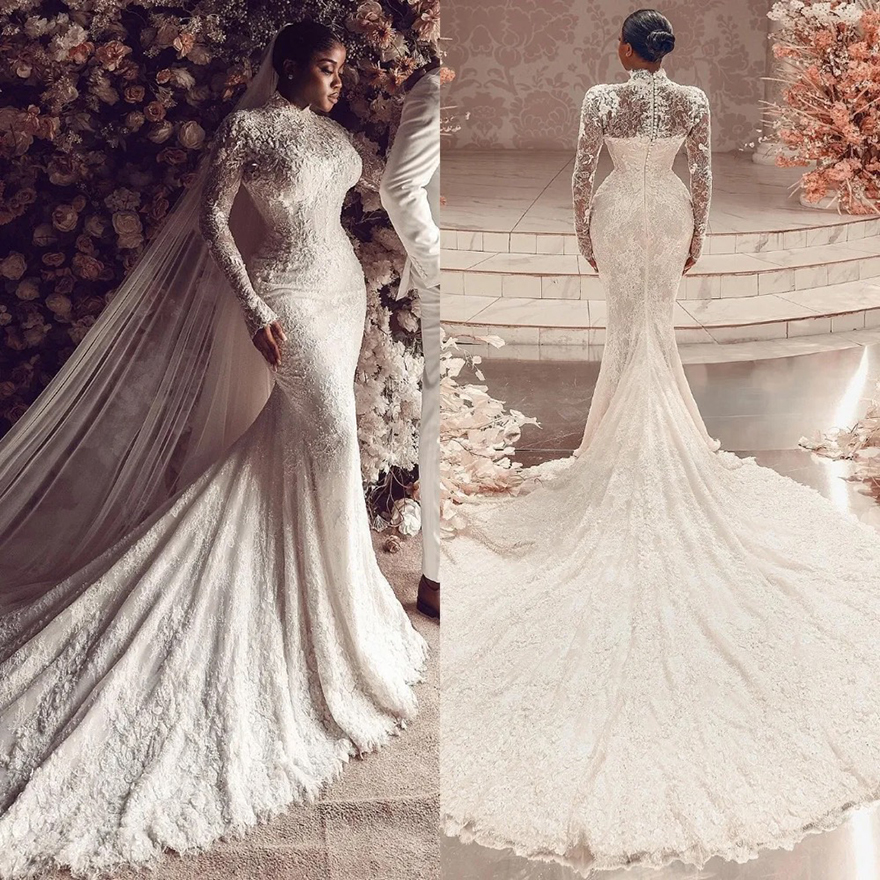 Vintage Mermaid Chart Wedding Dress high neck fulllace long sleeves plus size wedding dresses Bridal Gowns button back sweep train lacefull robe de ma