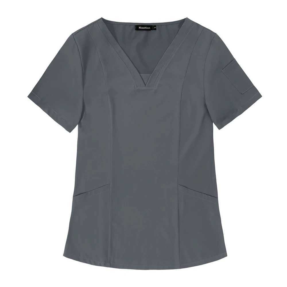 High Quty Elasticity Pet Clinic Nurse V-neck Medical Shirt Doctor Work Clothing T-shirt Solid Color Nursing Women Uniforms X250528