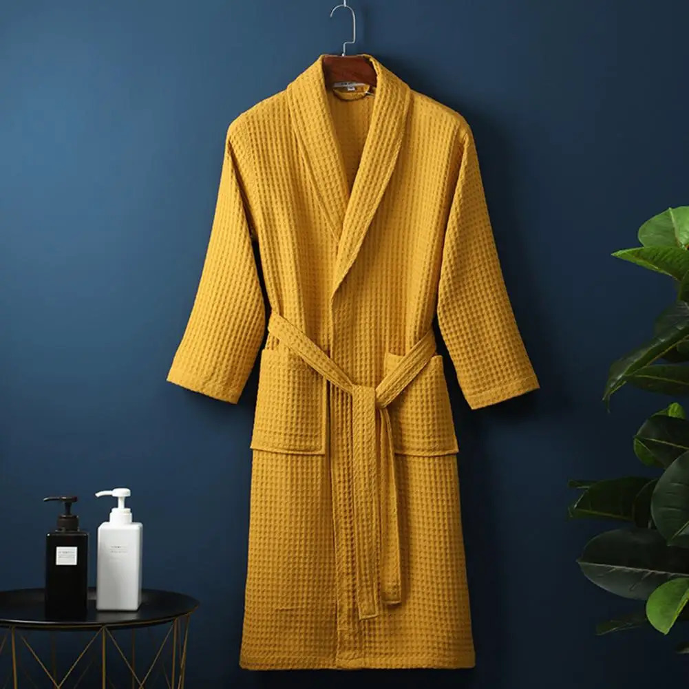Long Waffle Bathrobe Unisex Mens V Neck Lace-up Nightgown with Pockets Loose Long Sleeve Sleepwear Towel Bathrobe for el 250527