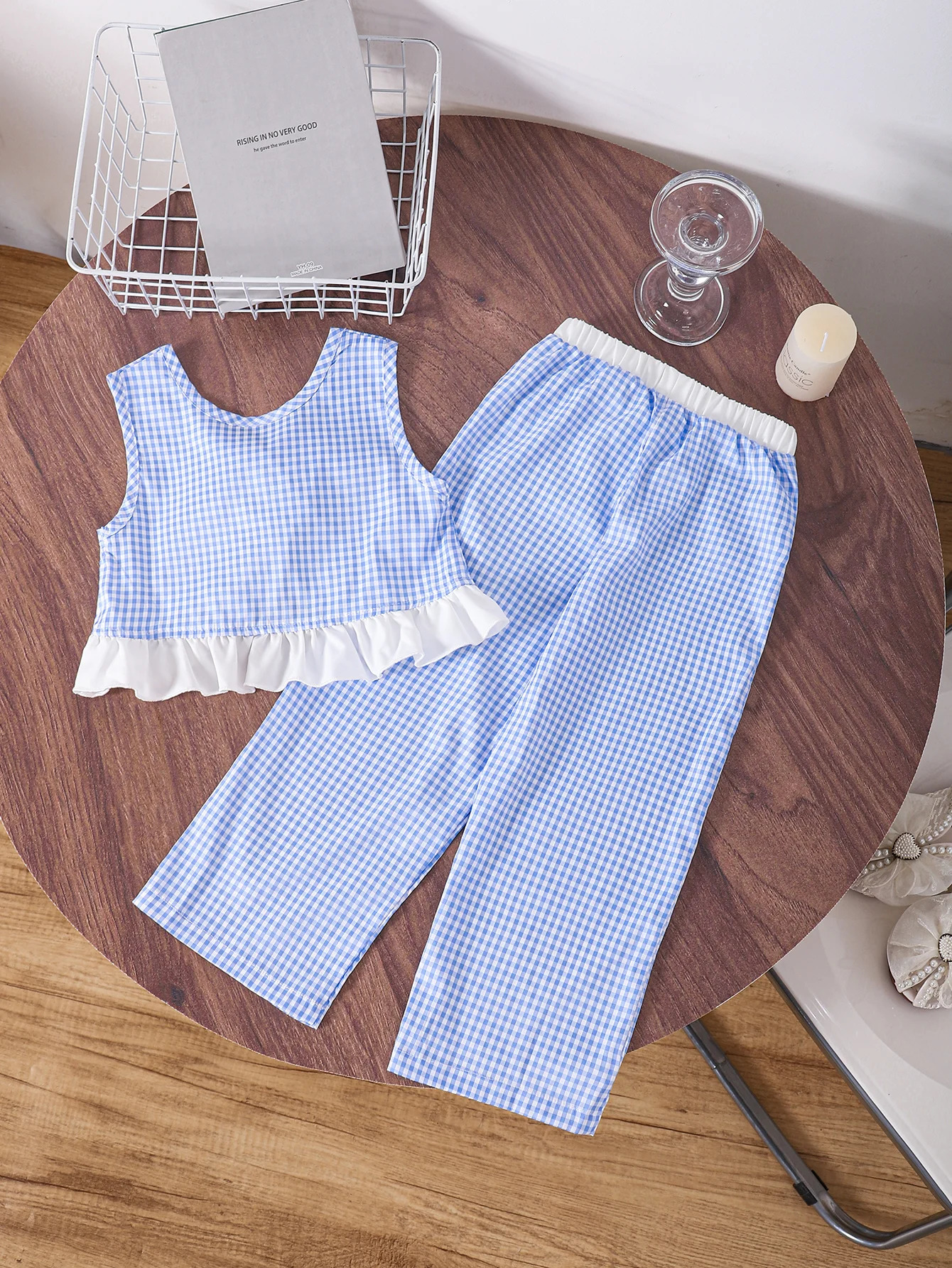 Girls plaid printed round neck sleeveless top paired with pants casual twopiece set 250528