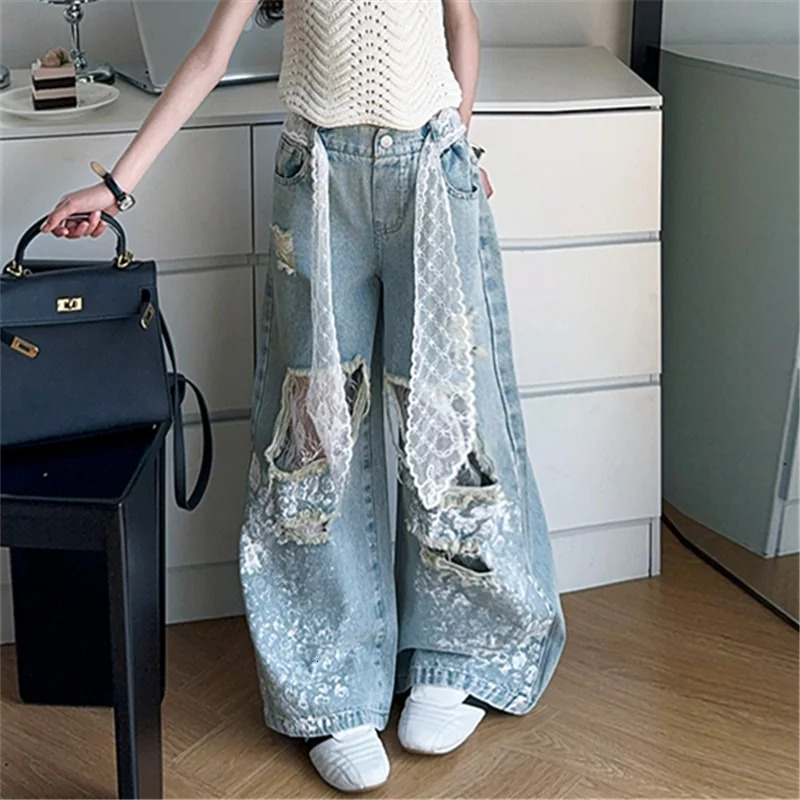 Kids Stylish Streetwear y2k Jeans For Girl Lace Drawstring Denim Pants Child Fashion Hip Hop Ripped Trousers with Holes 250528