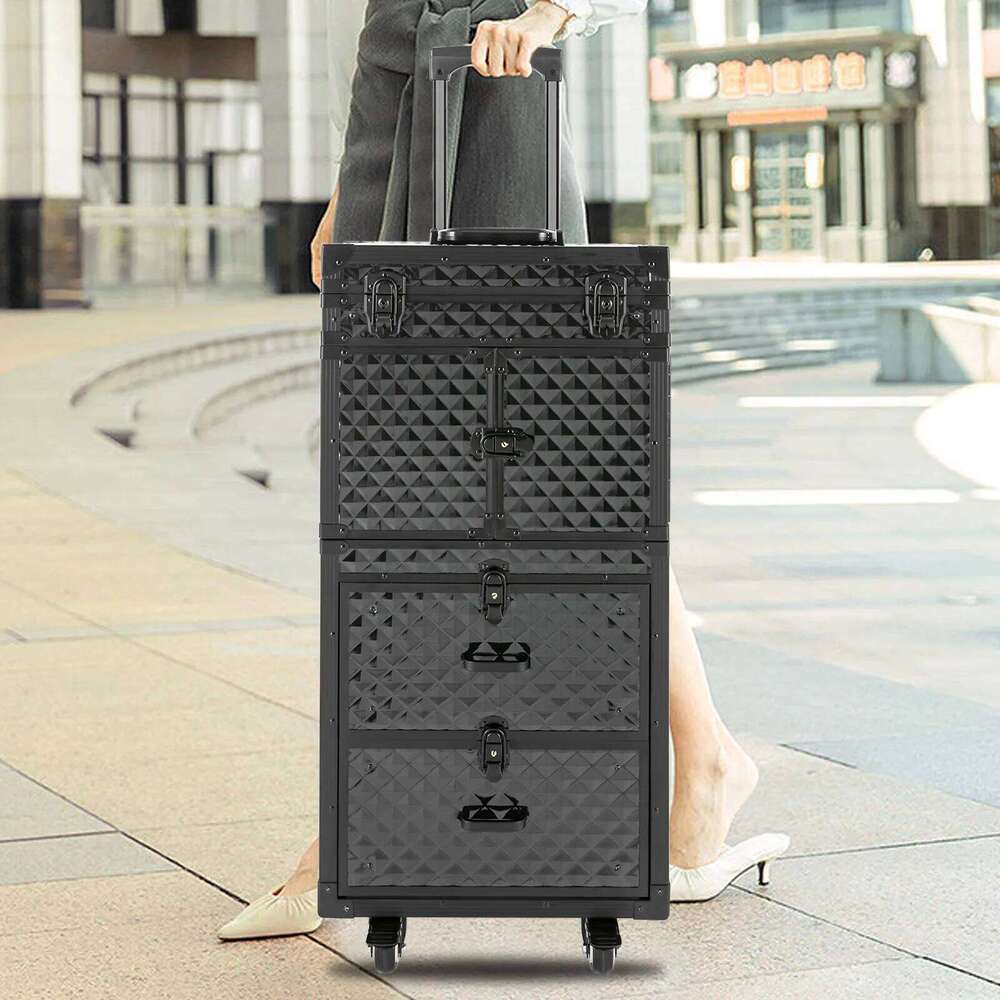 Professional Makeup Train Case, Multi-Layer Storage, Secure Locks, Stylish Black Design