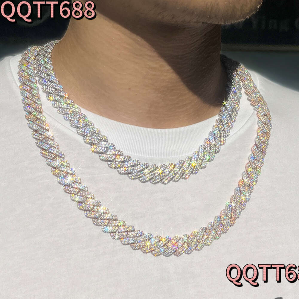 pass diamond tester fashion luxury gra moissanite diamond 10mm-12mm wide 2rows solid sier cuban link chain for rapper hip hop necklace bracelet gift a