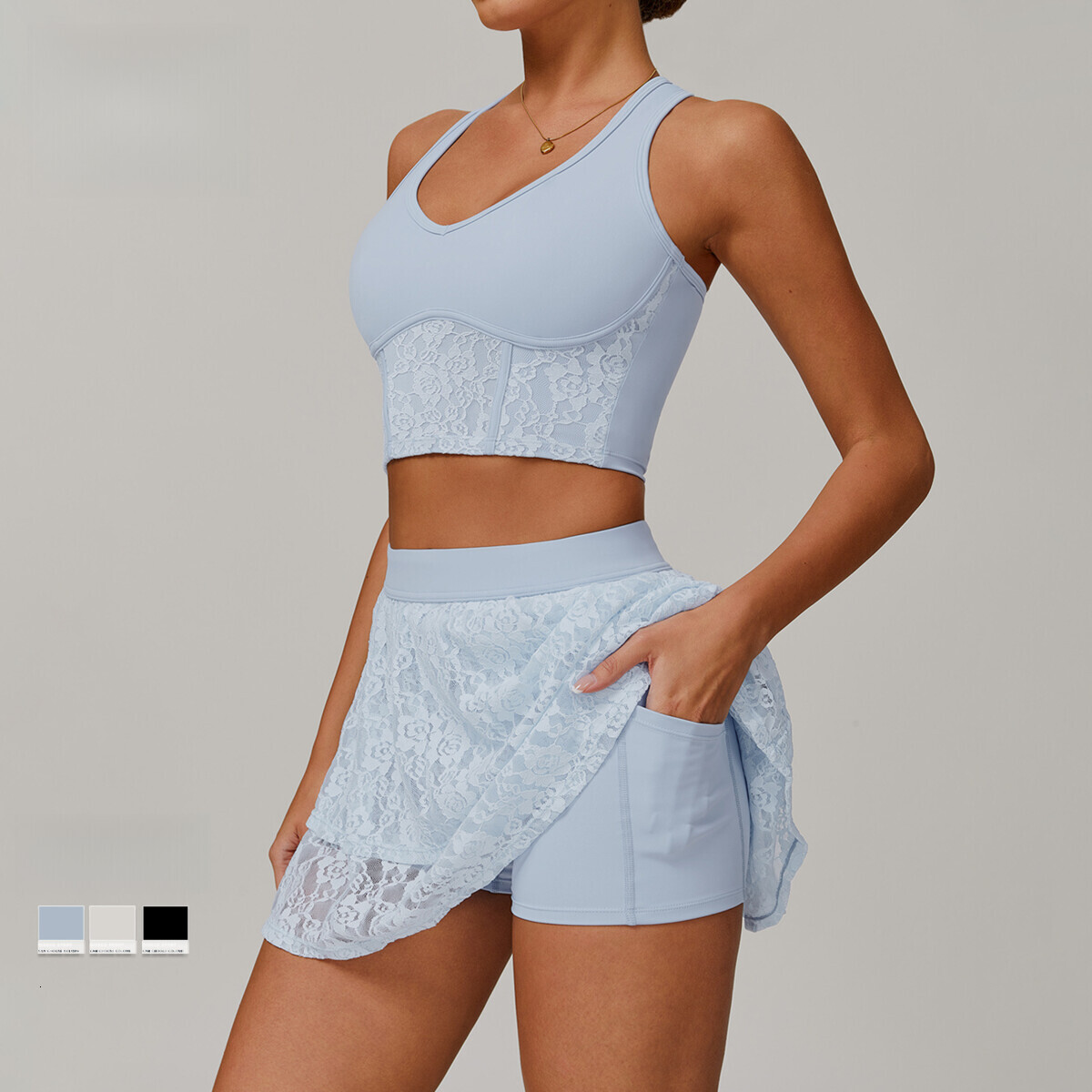 Women Workout Set Lace Naked Yoga Mesh Breathable Running Anti Light Tennis Skirt Sport Set Pilates Set