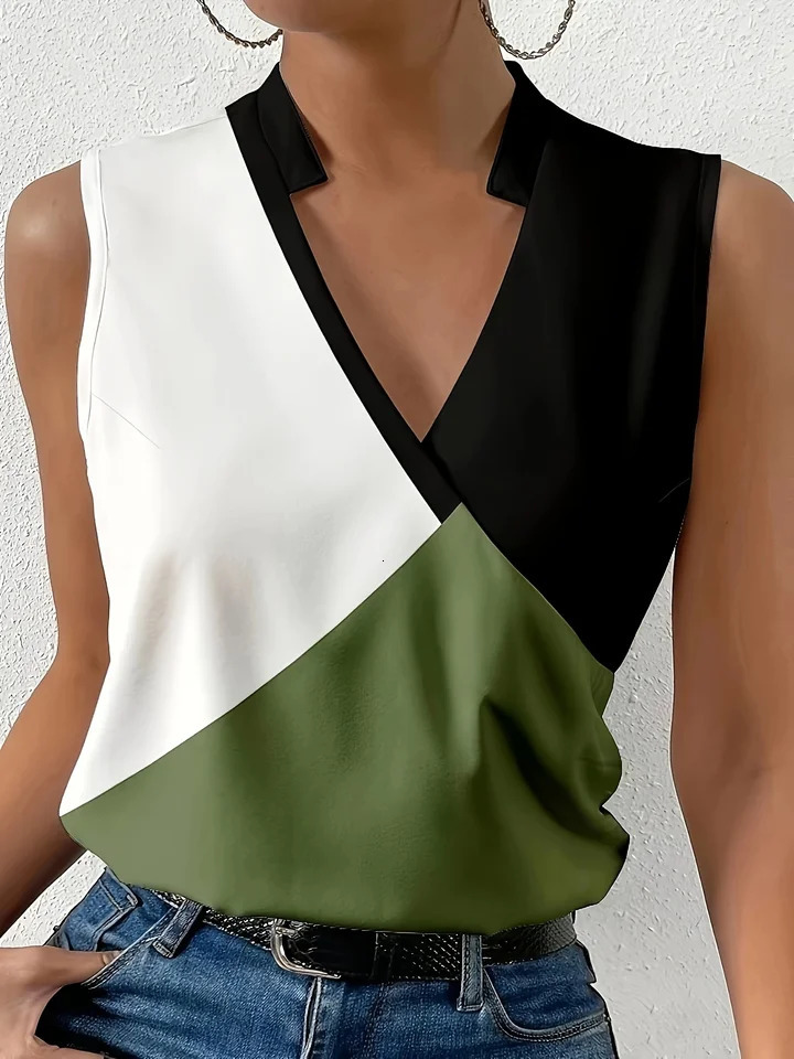 Plus Size Womens Elegant Colorblock VNeck Sleeveless Vest Polyester Loose Solid Color Pullover Suitable for Weekend Leisure 250519