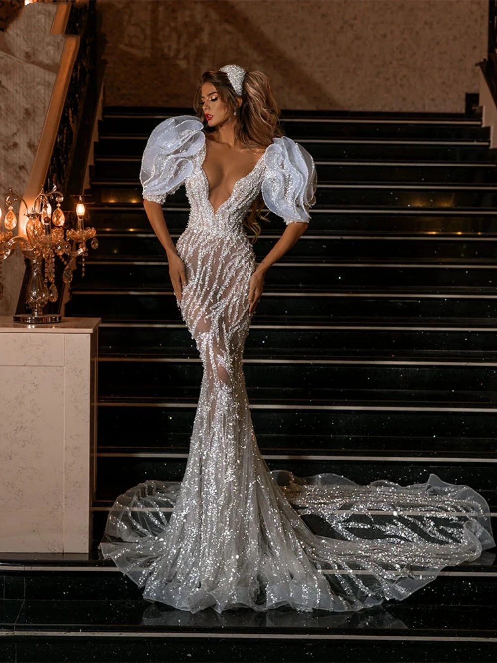 Sexy Mermaid Wedding Dress Sheer Neck Short Sleeves Bridal Gowns Sequins See Through Sweep Train Dresses Custom Made vestidos de novia