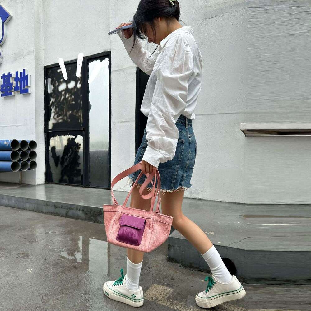 Women's 2023 New Color-Block Small Pocket Handbag Top Layer Cowhide Square Unique Personality Crossbody Bag