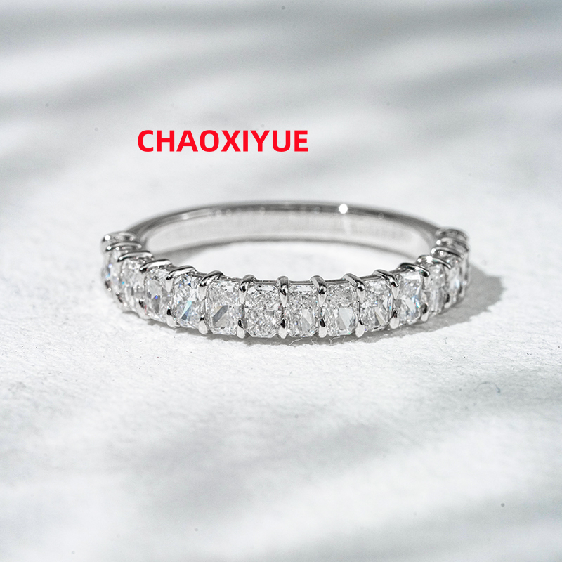 Starsgem 10k White Gold 2x3mm Radiant Cut Half Eternity Lab Grown Diamond Ring Wedding Band