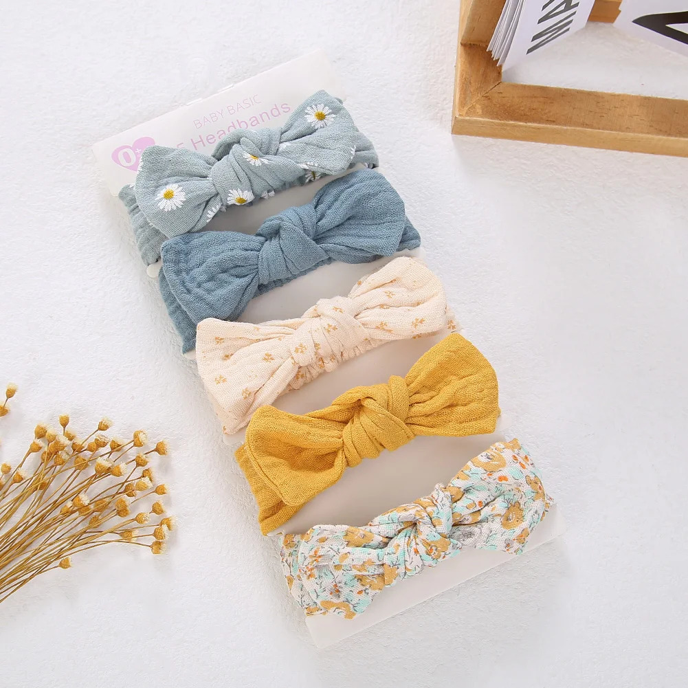 5Pcs/Set Solid Muslin Cotton Linen Baby Headband Elastic Rabbit Ear Hair Band Infant Girl Turban Headwraps Stretch Accessories 250528
