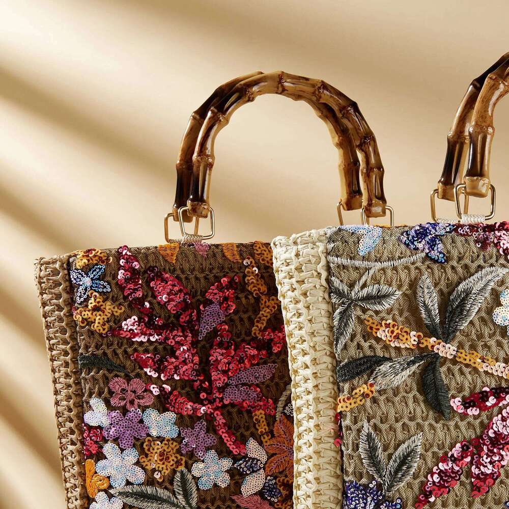 Embroidery Flower Sequined Shoulder Designer Beach Bag Large Capacity Straw Woven Basket Bags Faux Bamboo Handbag NEW