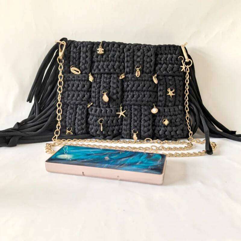 Handmade Crochet women's Shoulder Elegant Sling with Tassel for Ladies New Arrival in Style Trendy black Bag