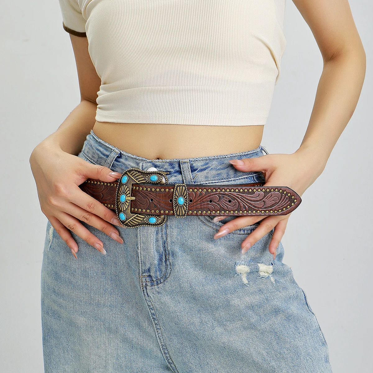 Tang Cao Pattern Retro Belt Buckle Street Dance Hip Hop Big Head Belt Western Denim Buckle Unisex Belt 250520