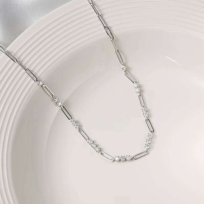 Fashion Jewelry INS Stacking Style 3MM Round Moissanite Paper Clip Collarbone Chain S Sier Gold Plated Women Necklace