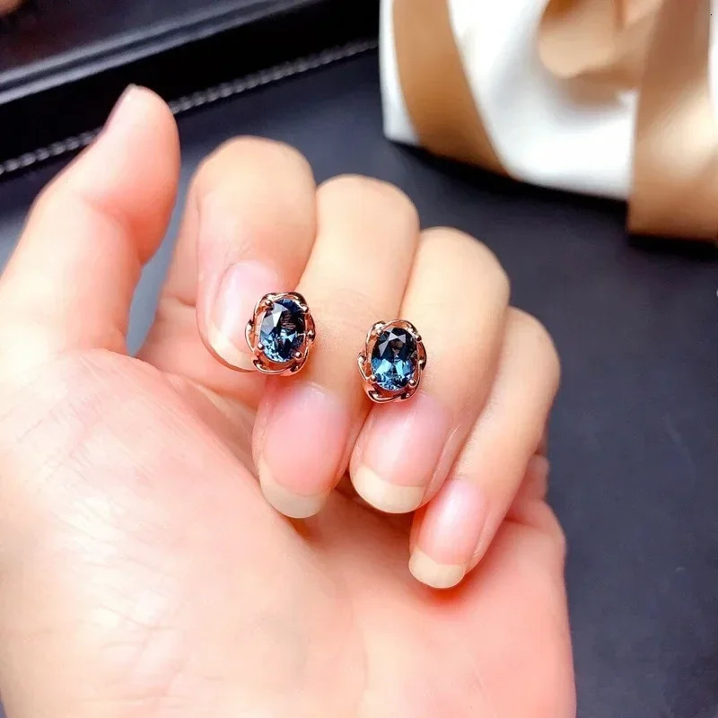 Natural Bule Topaz Stud Earring for Women 925 Sterling Silver Jewelryv Female Blue Sapphire Oval Earrings 250527