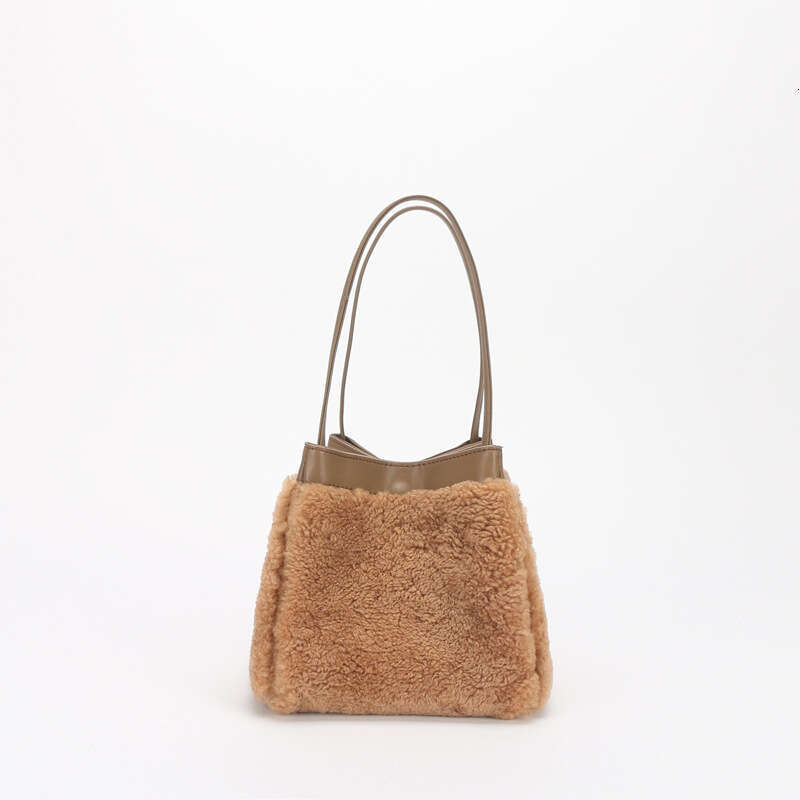 for Women New Genuine Leather Plush Niche Cute Lamb Wool Bucket Autumn Winter Fashion Handbag Shoulder Bag