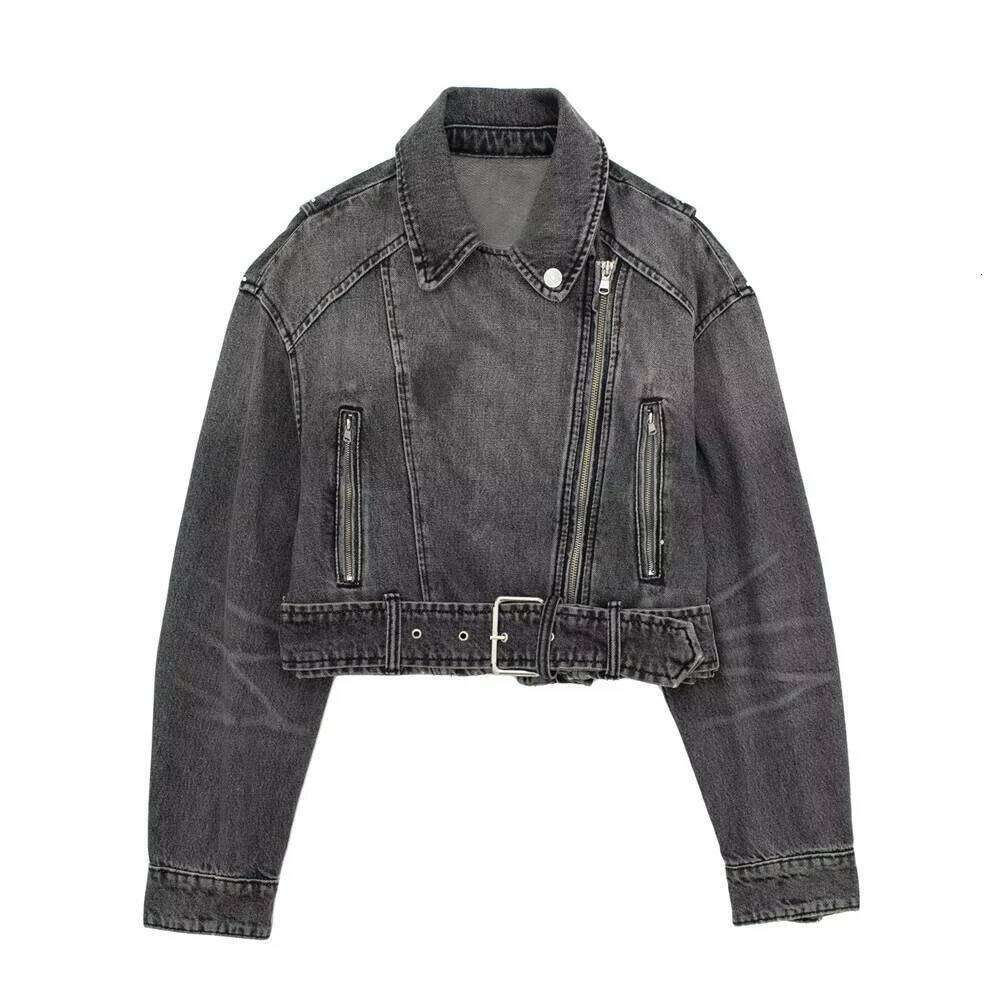 UNIZERA Autumn and Winter New Women's Casual Versatile Polo Neck Motorcycle Loose Belt Denim Jacket Coat