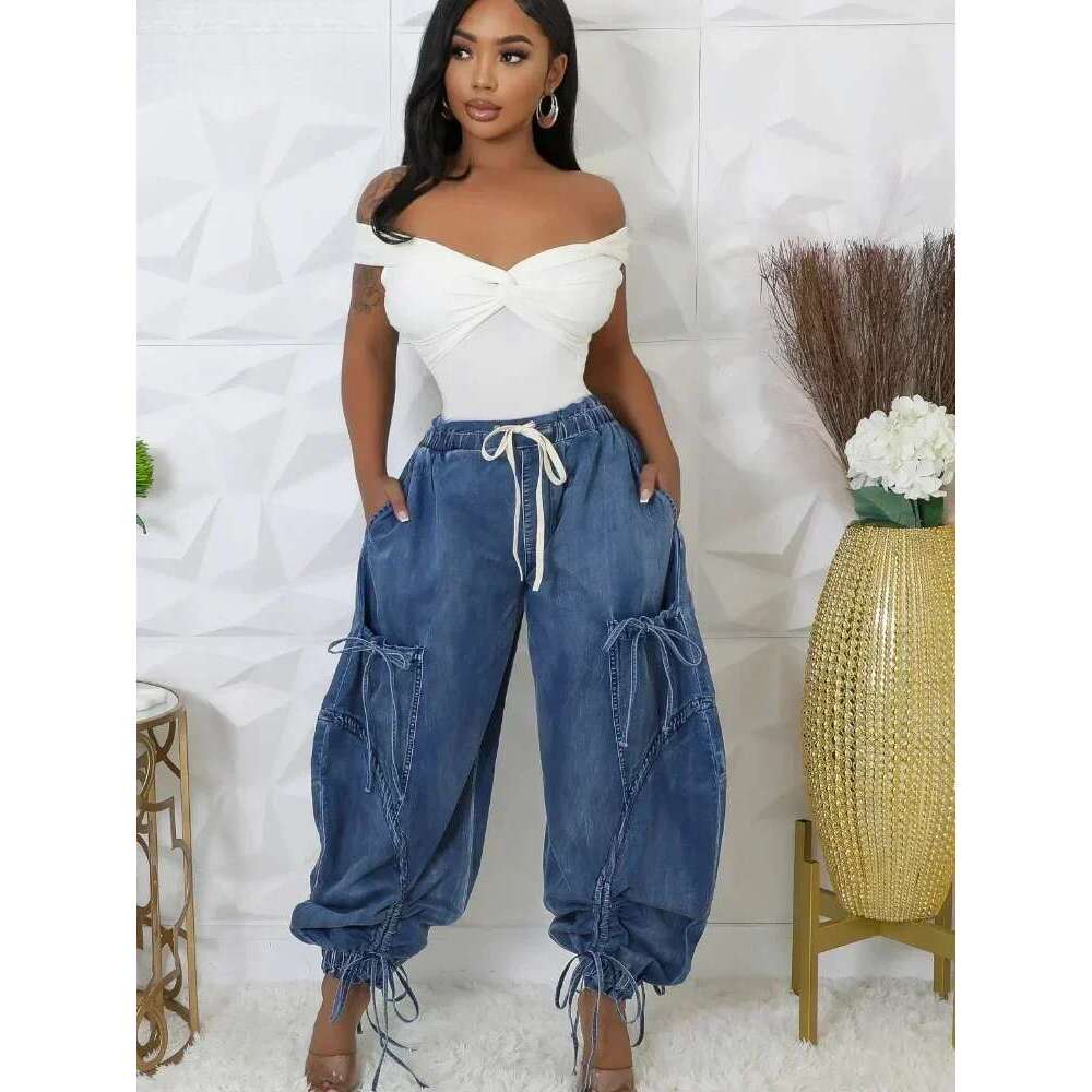 Women Streetwear Drawstring Fashion Fly Denim Pants 2024 Autumn Loose Safari Style Cargo Harem Hip Hop Jeans