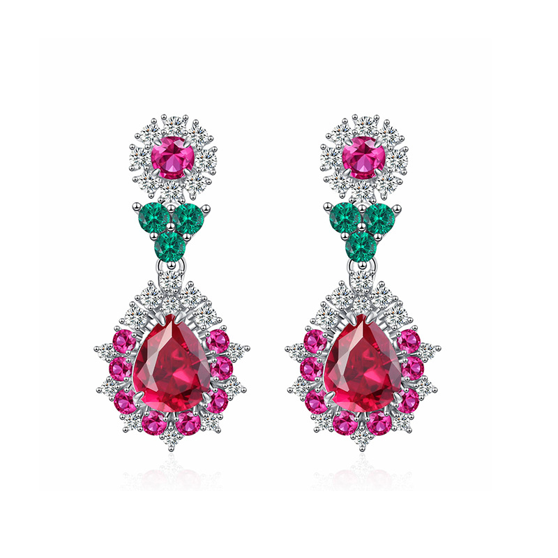 S925 Sterling Silver Pigeon Blood Red and Blue High-End Waterdrop Pear-Shaped Earrings, Luxury Handmade Earrings for Parties